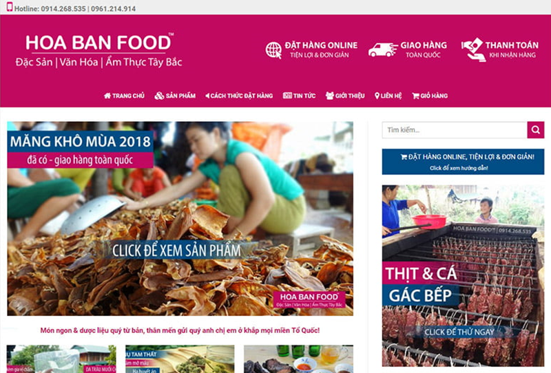 Mẫu website Hoa Ban Food được thiết kế với giao diện hấp dẫn, bắt mắt người nhìn